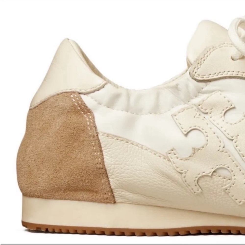 Tory Burch Leather Suede Logo Lace Up Sneakers Ivory Tan Size 9.5 - Picture 5 of 6